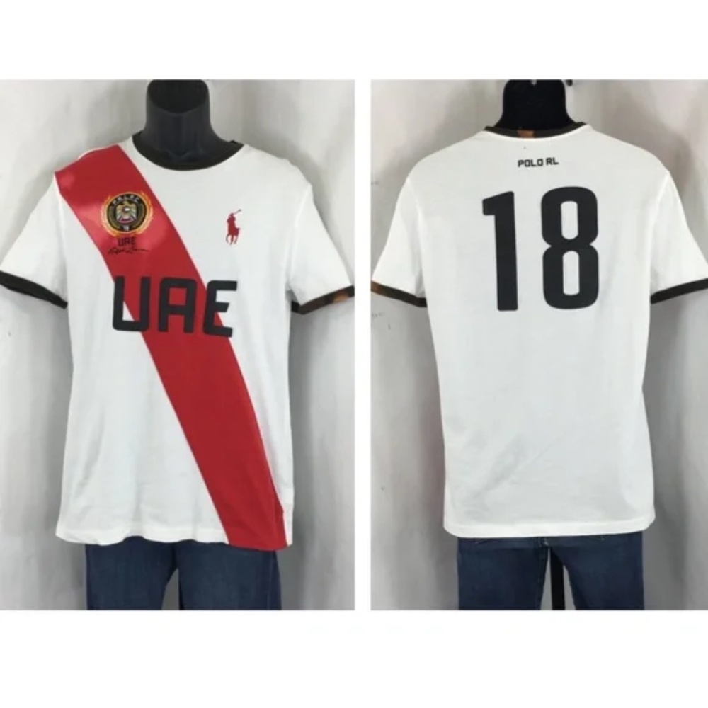 Polo Ralph Lauren Mens Soccer Shirt UAE 2018 World Cup White Crewneck Tee Sz S